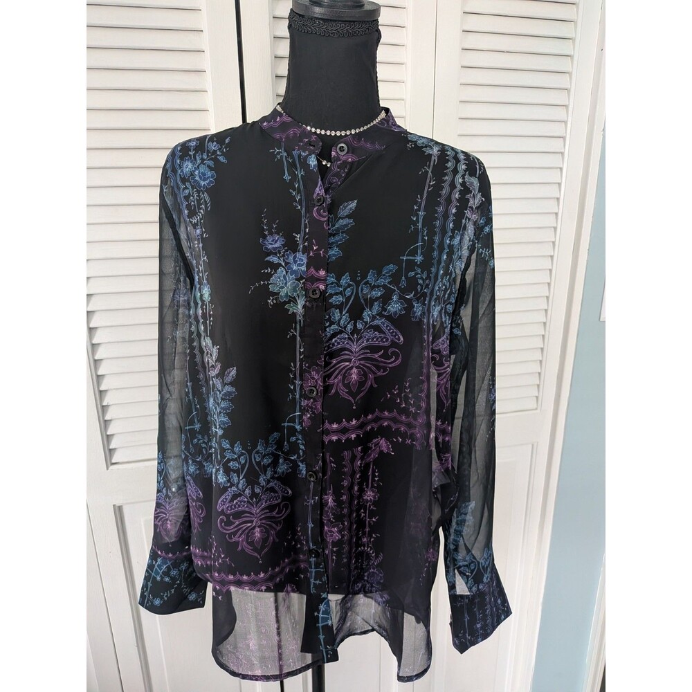Buffalo David Bitton Blouse Womens M Sheer Multicolor Floral Top Romantic Flowy